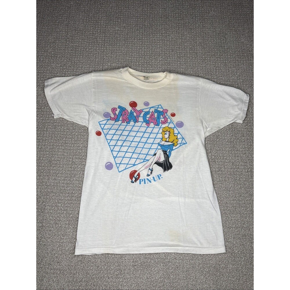VTG RARE Stray Cats Pin-Up Struttin Across America White 1983 T Shirt Sz Medium